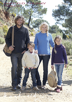 Hayfield 7493 Knitted Sweaters for the whole family in Hayfield Chunky (#5) weight yarn. From size 4  to adult finished chest of 47.75".